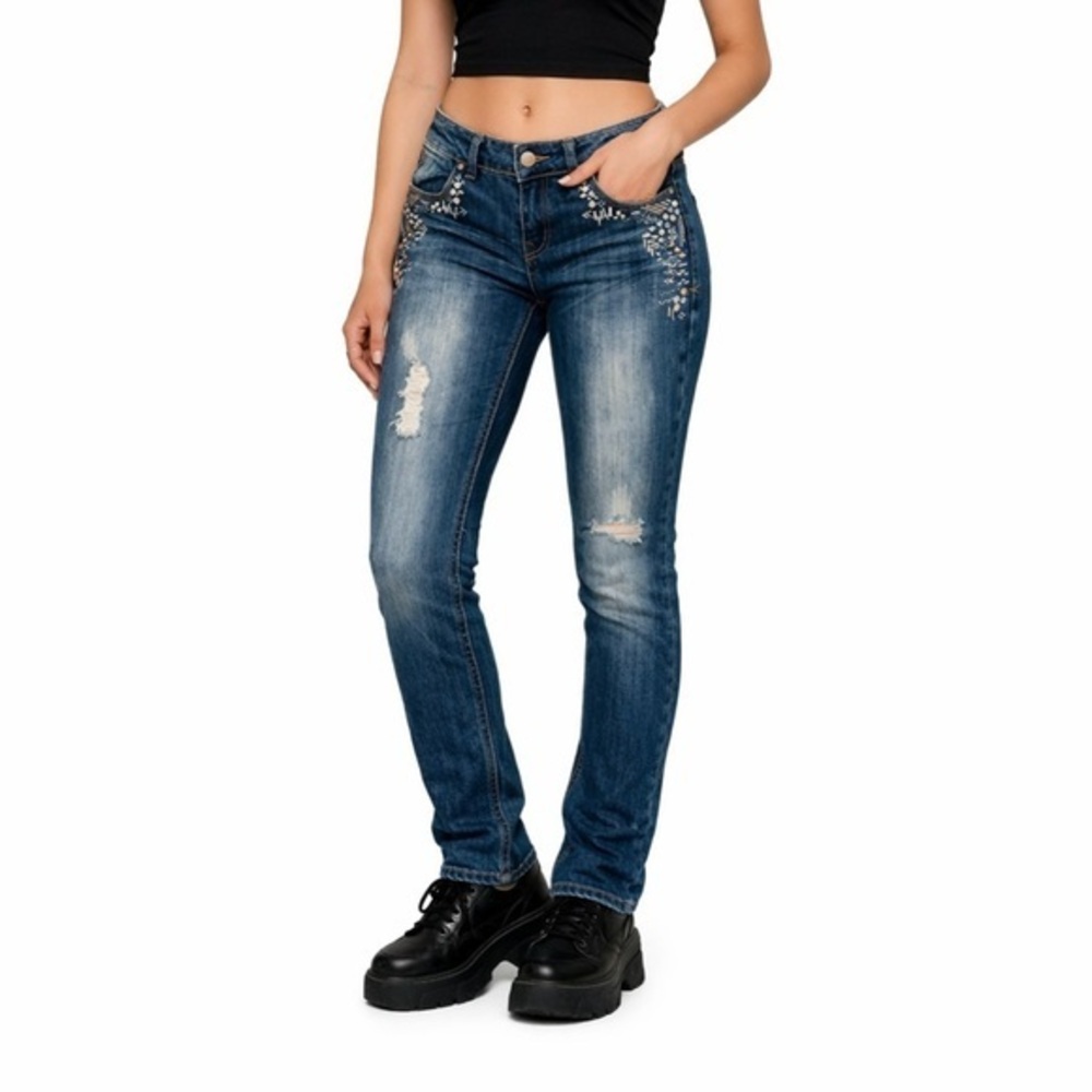 Y2K Dollhouse Rhinestone Skinny Jeans Size 11 Distressed Low Rise Punk Grunge